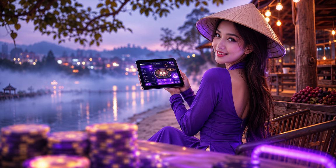 Người phụ nữ đội nón lá tại Đà Lạt xem thông tin cược và giải thưởng trên điện thoại trong không gian thư giãn