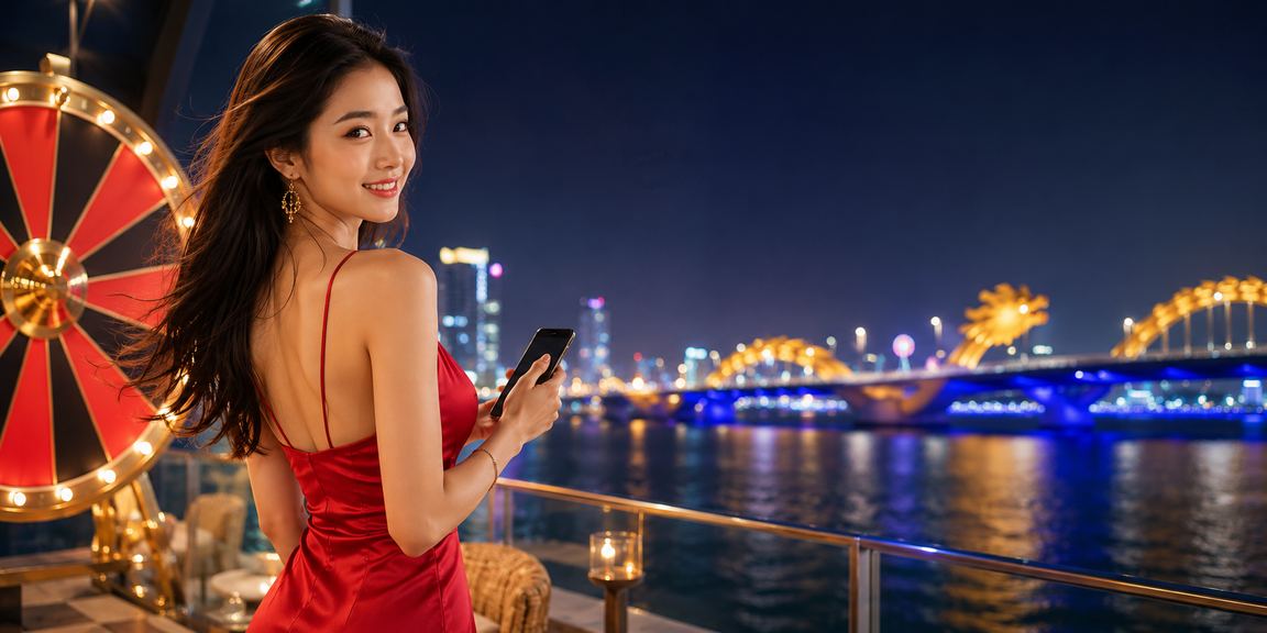 Màn hình roulette trực tuyến hiện lên trước nền biển Đà Nẵng rực rỡ ánh chiều tà